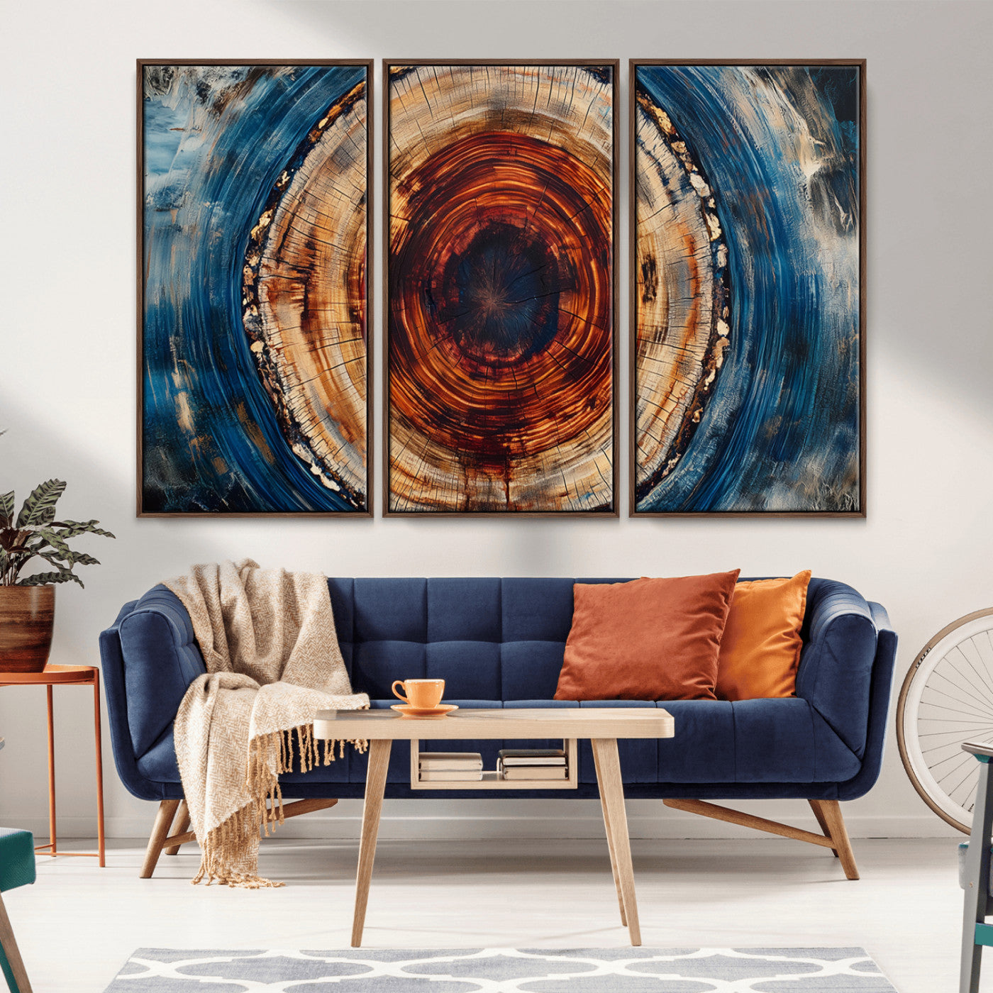 90395-MGV-CV-36X24-Tree Ring Wall Art – Abstract Wood Grain Canvas Print with Fiery Red and Blue Tones, Bold Rustic Nature Inspired Artwork Decor for