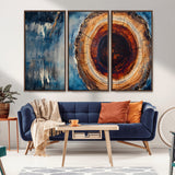 48045-MGV-CV-36X24-Tree Ring Abstract Wall Art – Rustic Wood Grain Canvas Print with Brown Center and Blue Brush Strokes, Nature Inspired Artwork for