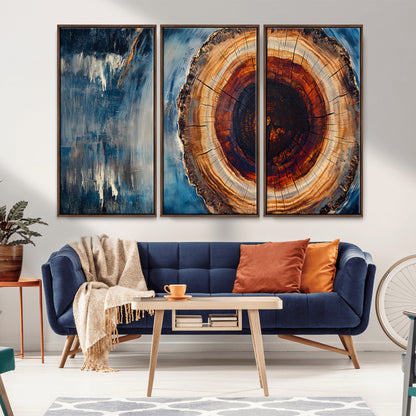 48045-MGV-CV-36X24-Tree Ring Abstract Wall Art – Rustic Wood Grain Canvas Print with Brown Center and Blue Brush Strokes, Nature Inspired Artwork for