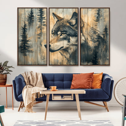 51892-MGV-CV-36X24-Wolf Wall Art – Rustic Canvas Print of Wolf with Forest Trees on Wood Texture, Wildlife Lodge Artwork for Living Room, Bedroom,