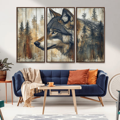 91882-MGV-CV-36X24-Wolf Wall Art – Rustic Canvas Print of Forest Wolf on Wood Background, Wildlife Lodge Artwork for Living Room, Bedroom, Cabin, or