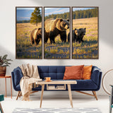 43400-MGV-CV-36X24-Bear Family Wall Art – Wildlife Canvas Print of Mother Bear with Cubs in Sunlit Meadow, Rustic Animal Artwork for Living Room,