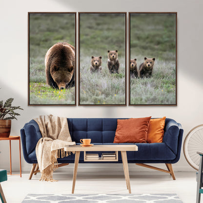 40555-MGV-CV-36X24-Bear Family Wall Art – Wildlife Canvas Print of Mother Bear with Four Cubs in Nature, Rustic Animal Artwork for Living Room,