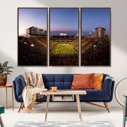 82557-MGV-CV-36X24-College Football Stadium Wall Art – Panoramic Sunset Canvas Print with Marching Band and Game Day Crowd, Sports Artwork for Man