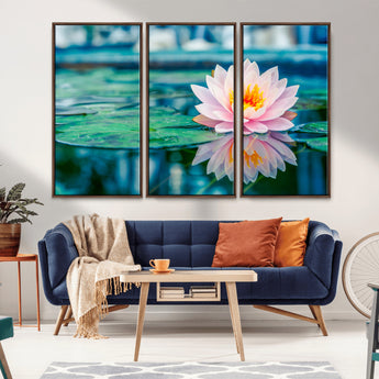 30320-MGV-CV-36X24-Pink Water Lily Wall Art – Lotus Flower Canvas Print with Reflection Water, Peaceful Botanical Artwork for Living Room, Bedroom,