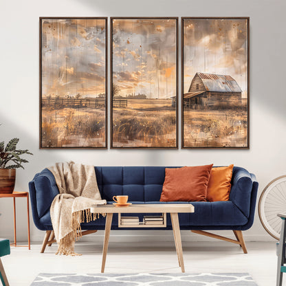 FARM2-MGV-FC-48X32-3P_Walnut-Rustic Farmhouse Wall Art Canvas Print, Framed Old Barn Art Picture Print, Southwestern Farmhouse Perfect Rustic Decor Artwork