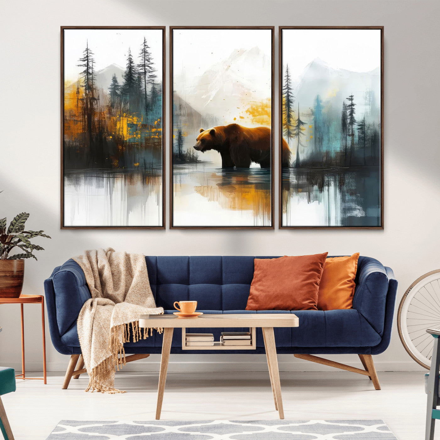 50308-MGV-FC-48X32-3P_Walnut-Abstract Rustic Bear Wall Art – Forest and Mountain Scene Canvas Print, Nature Artwork for Modern Farmhouse or Log Cabin Decor