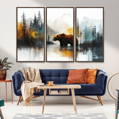 50308-MGV-FC-48X32-3P_Walnut-Abstract Rustic Bear Wall Art – Forest and Mountain Scene Canvas Print, Nature Artwork for Modern Farmhouse or Log Cabin Decor