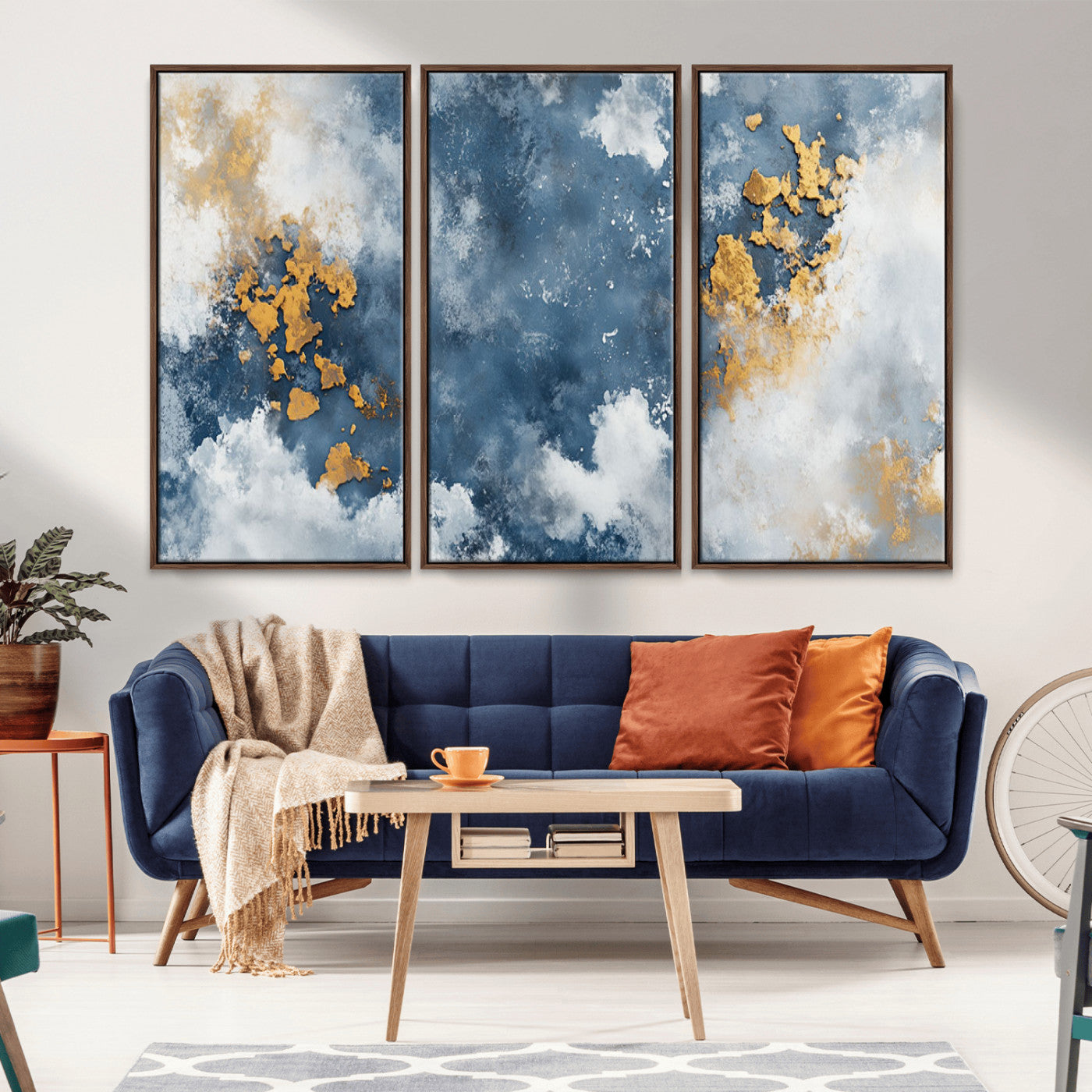 39575-MGV-CV-36X24-Blue and Gold Abstract Wall Art – Modern Canvas Print Featuring Cloudy Textures with Metallic Accents, Contemporary Artwork for