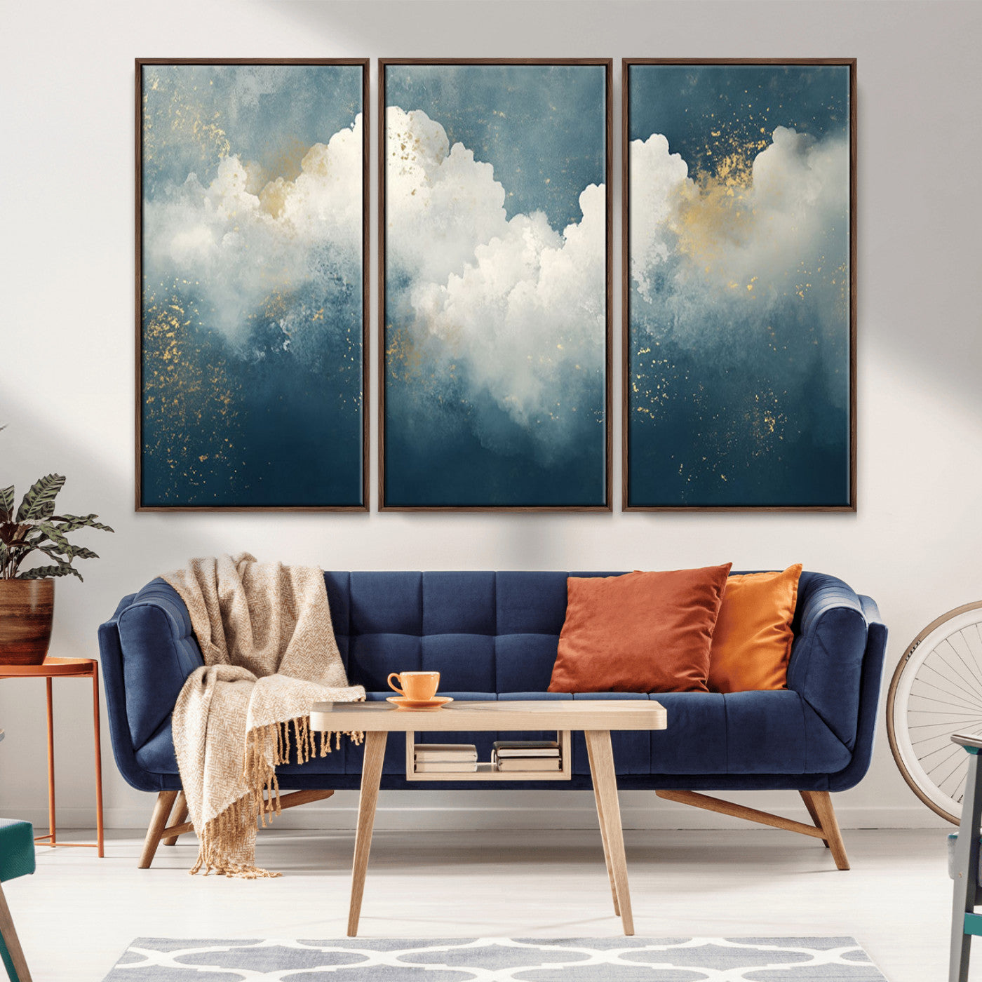 75131-MGV-CV-36X24-Abstract Cloud Wall Art – Modern Canvas Print Featuring Blue and White Clouds with Golden Accents, Contemporary Artwork for Living