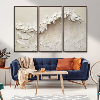 45175-MGV-FC-48X32-3P_Walnut-Textured Wave Wall Art Canvas Print, Framed Minimal Seascape Art Picture Print, Elegant Wave Perfect Modern Coastal Decor Artwork
