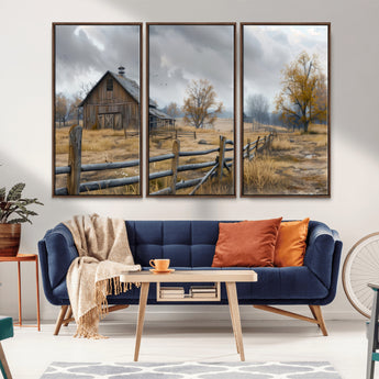 Farm1-MGV-FC-48X32-3P_Walnut-Rustic Autumn Farmhouse Wall Art – Serene Countryside Scene Canvas Print, Weathered Barn and Autumn Trees Decor for Living Room,
