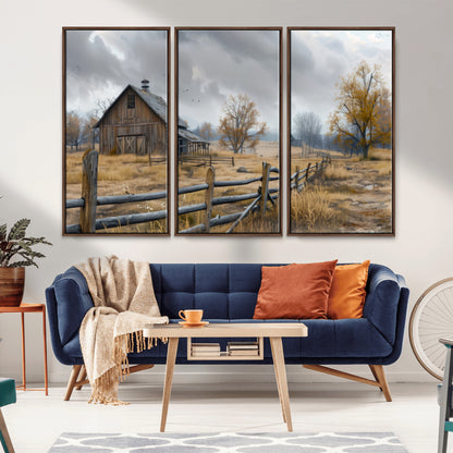 Farm1-MGV-FC-48X32-3P_Walnut-Rustic Autumn Farmhouse Wall Art – Serene Countryside Scene Canvas Print, Weathered Barn and Autumn Trees Decor for Living Room,
