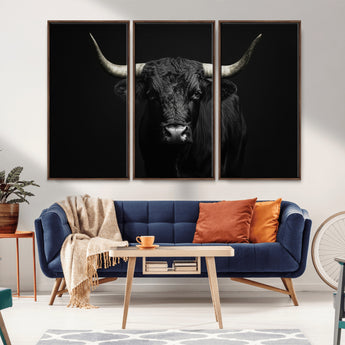 97914921-MGV-CV-36X24-Black Bull Wall Art Canvas Print, Framed Longhorn Bull Art Picture Print, Western Bull Perfect Monochrome Western Decor Artwork