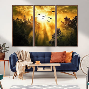13776802-MGV-CV-36X24-Golden Forest Wall Art Canvas Print, Framed Sunset Pines Art Picture Print, Flying Birds Perfect Nature Glow Decor Artwork