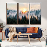 56391411-MGV-CV-36X24-Misty Forest Wall Art Canvas Print, Framed Sunrise Pines Art Picture Print, Moody Pines Perfect Serene Woodland Decor Artwork