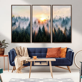 56391411-MGV-CV-36X24-Misty Forest Wall Art Canvas Print, Framed Sunrise Pines Art Picture Print, Moody Pines Perfect Serene Woodland Decor Artwork