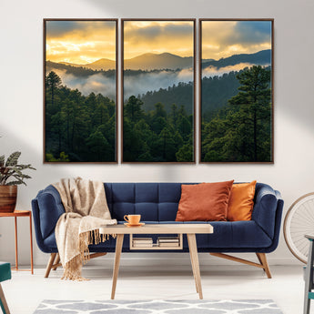 68082278-MGV-CV-36X24-Mountain Sunrise Wall Art Canvas Print, Framed Pine Forest Art Picture Print, Misty Mountains Perfect Earthy Woodland Decor
