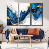 33506371-MGV-CV-36X24-Blue Marble Wall Art Canvas Print, Framed Gold Splash Art Picture Print, Abstract Wave Perfect Modern Luxe Decor Artwork