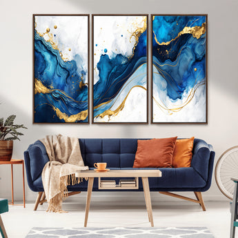 33506371-MGV-CV-36X24-Blue Marble Wall Art Canvas Print, Framed Gold Splash Art Picture Print, Abstract Wave Perfect Modern Luxe Decor Artwork