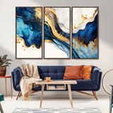 60283636-MGV-CV-36X24-Blue Gold Flow Wall Art Canvas Print, Framed Marble Texture Art Picture Print, Elegant Splash Perfect Elegant Abstract Decor
