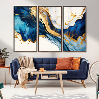 60283636-MGV-CV-36X24-Blue Gold Flow Wall Art Canvas Print, Framed Marble Texture Art Picture Print, Elegant Splash Perfect Elegant Abstract Decor