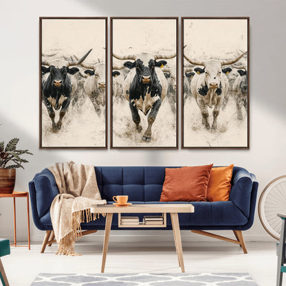 61538944-MGV-CV-36X24-Texas Longhorn Wall Art Canvas Print, Framed Cattles Walking Art Picture Print, Black White Bulls Perfect Rustic Western Decor