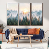 92718976-MGV-CV-36X24-Misty Forest Wall Art Canvas Print, Framed Sunrise Pines Art Picture Print, Foggy Woodland Perfect Moody Woodland Decor Artwork