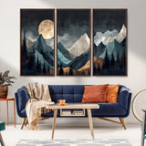 11060882-MGV-FC-48X32-3P_Walnut-Moonlit Mountains Wall Art Canvas Print, Framed Forest Silhouette Art Picture Print, Night Landscape Perfect Modern Forest Decor