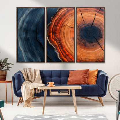 57732250-MGV-CV-36X24-Tree Ring Abstract Wall Art – Blue Orange Wood Grain Canvas Print, Modern Rustic Nature Artwork for Living Room, Office,