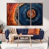 72209152-MGV-CV-36X24-Abstract Tree Ring Wall Art – Vibrant Blue Orange Wood Grain Canvas Print, Rustic Modern Nature Artwork for Living Room, Office,