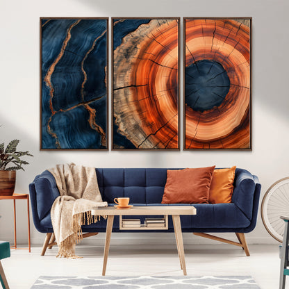 41123192-MGV-CV-36X24-Tree Ring Canvas Wall Art – Abstract Blue Orange Wood Grain Print, Rustic Modern Nature Artwork for Living Room, Bedroom, Office