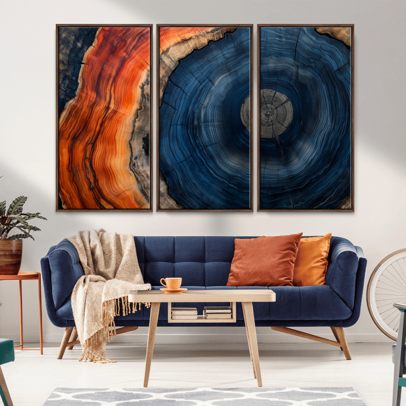 99491700-MGV-CV-36X24-Tree Ring Canvas Wall Art – Blue Orange Abstract Wood Grain Print, Rustic Modern Nature Artwork for Living Room, Office, Bedroom