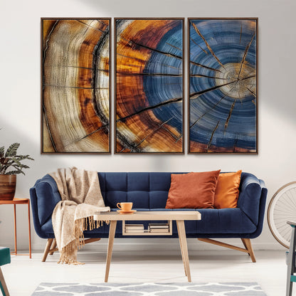 18032999-MGV-CV-36X24-Tree Ring Wall Art – Blue Brown Abstract Wood Slice Canvas Print, Rustic Modern Nature Decor for Living Room, Office, Bedroom or