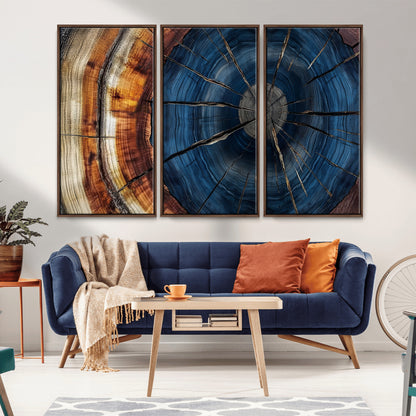 60099360-MGV-CV-36X24-Blue Tree Ring Wall Art – Rustic Wood Grain Canvas Print, Modern Abstract Artwork with Natural Texture for Living Room, Bedroom,