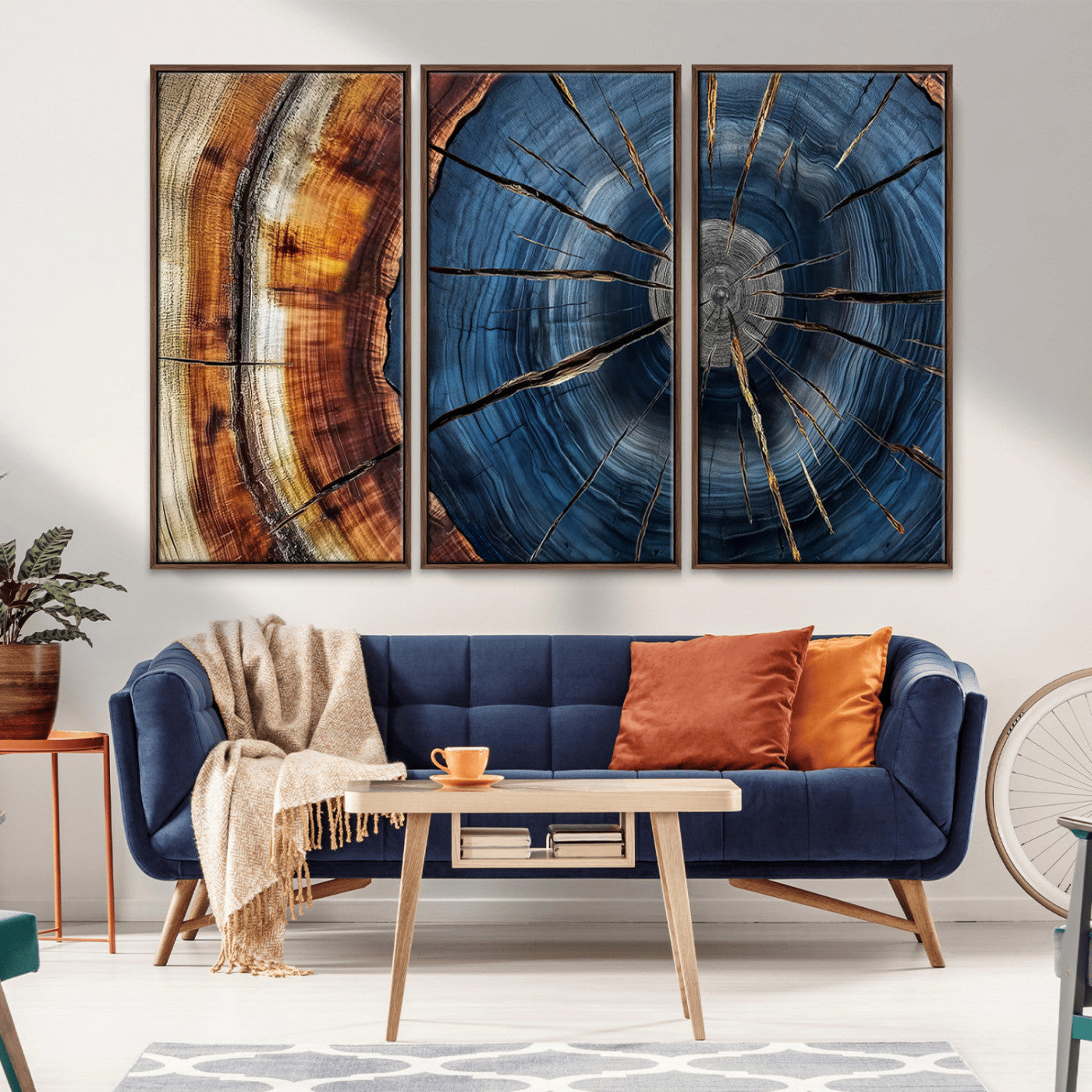 45268471-MGV-CV-36X24-Blue Tree Ring Wall Art – Rustic Wood Cross Section Canvas Print, Modern Abstract Nature Decor for Living Room, Office, or Cabin