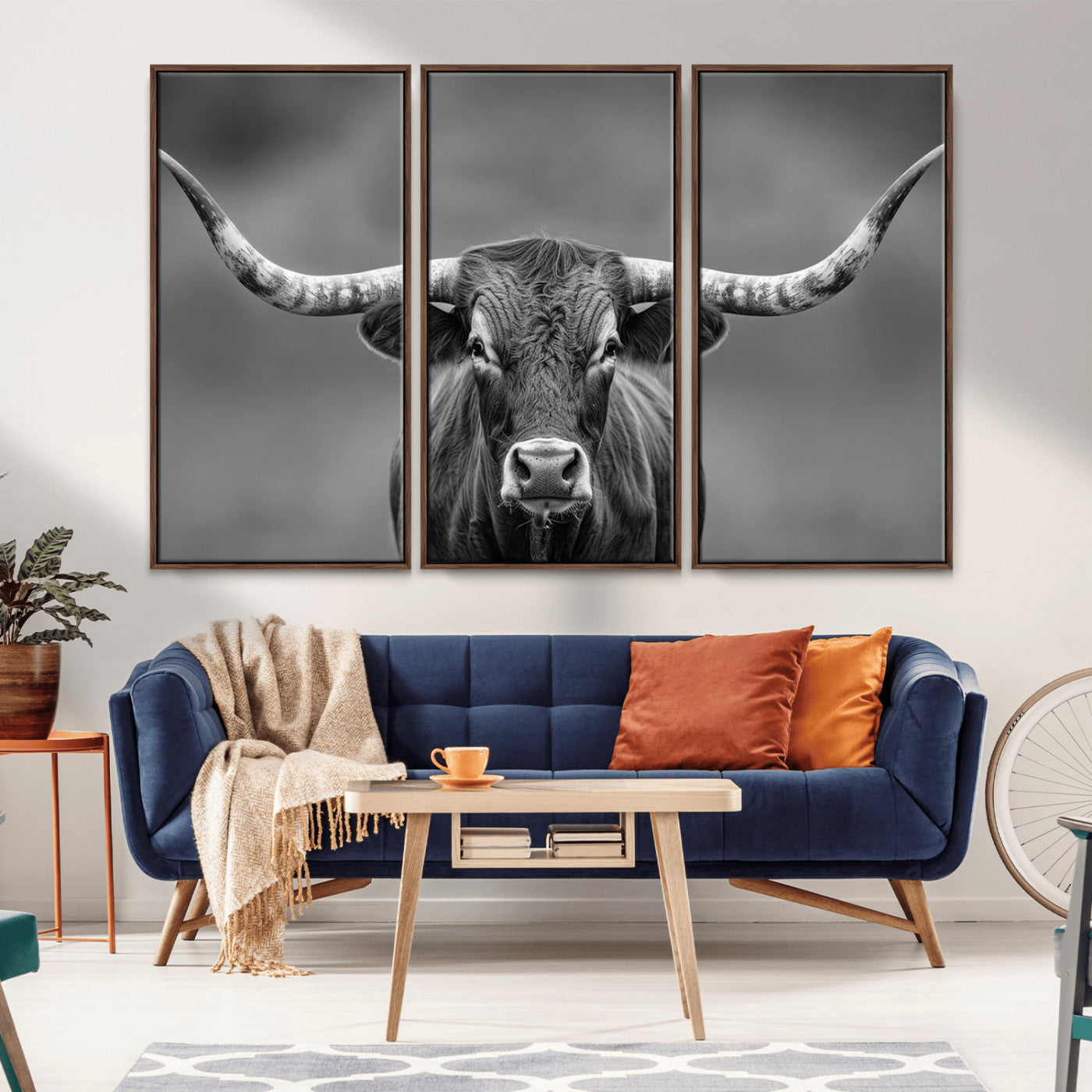 81228550-MGV-CV-36X24-Framed Texas Longhorn Bull Art Canvas Print, Western Bull Wall Art Print, Long Horn Bull Photo Print for Log Cabin, Large Bull