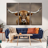 12179171-MGV-FC-48X32-3P_Walnut-Texas Longhorn Wall Art Canvas Print, Framed Brown Bull Art Picture Print, Lone Cattle Perfect Rustic Western Decor Artwork
