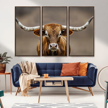 12179171-MGV-FC-48X32-3P_Walnut-Texas Longhorn Wall Art Canvas Print, Framed Brown Bull Art Picture Print, Lone Cattle Perfect Rustic Western Decor Artwork