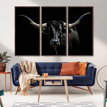 37531960-MGV-CV-36X24-Black Longhorn Bull Wall Art – Dramatic Western Cattle Canvas Print, Rustic Farmhouse Animal Artwork for Living Room, Bedroom,