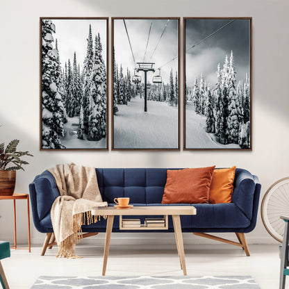 31156828-MGV-CV-36X24-Snowy Pines Wall Art Canvas Print, Framed Ski Lift Art Picture Print, Winter Forest Perfect Moody Lodge Decor Artwork