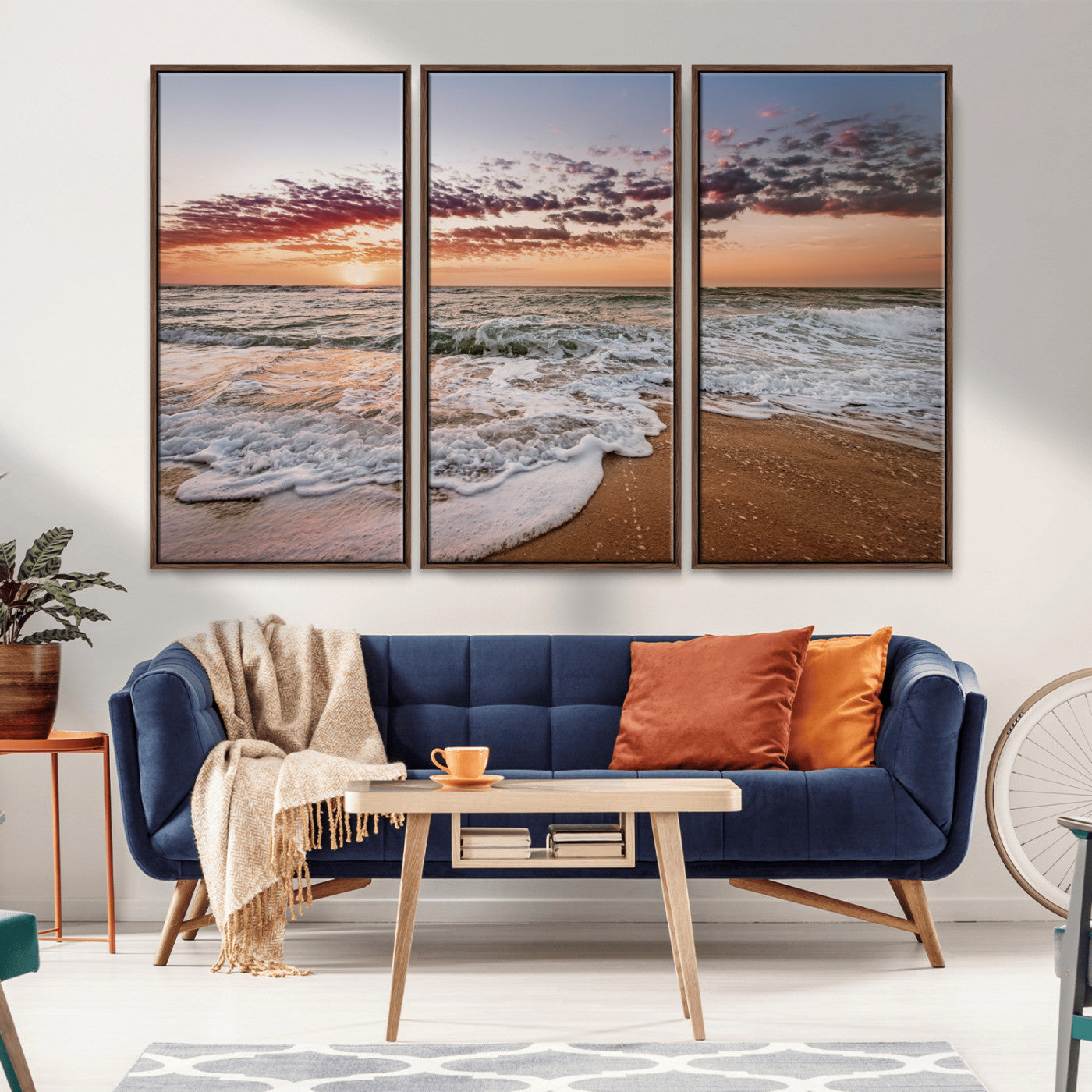 39846389-MGV-FC-48X32-3P_Walnut-Ocean Sunset Wall Art Canvas Print, Framed Sandy Shore Art Picture Print, Gentle Waves Perfect Minimalist Coastal Decor Artwork