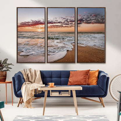 39846389-MGV-FC-48X32-3P_Walnut-Ocean Sunset Wall Art Canvas Print, Framed Sandy Shore Art Picture Print, Gentle Waves Perfect Minimalist Coastal Decor Artwork