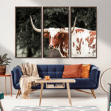54027638-MGV-CV-36X24-Texas Longhorn Wall Art Canvas Print, Framed Spotted Cow Art Picture Print, Horned Bull Perfect Rustic Western Decor Artwork