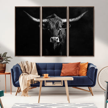 42077175-MGV-CV-36X24-Texas Longhorn Wall Art Canvas Print, Framed Monochrome Bull Art Picture Print, Horned Bull Perfect Rustic Western Decor Artwork