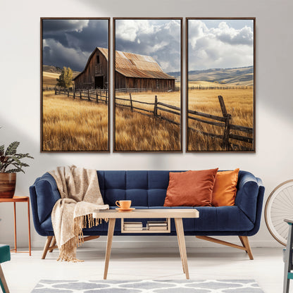 38758826-MGV-CV-36X24-Rustic Barn Wall Art Canvas Print, Framed Moody Barn Art Picture Print, Golden Field Perfect Rustic Farmhouse Decor Artwork