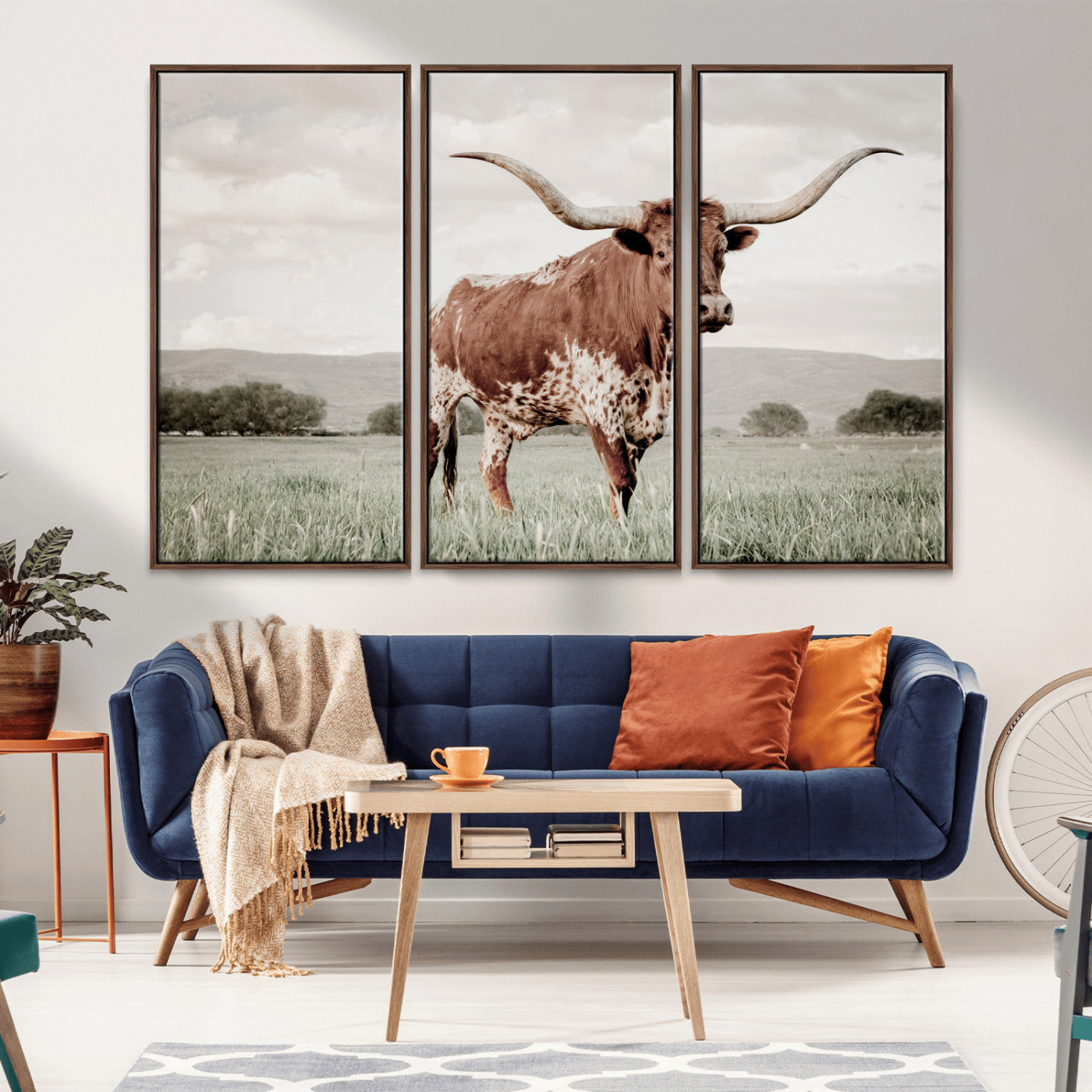 28309012-MGV-CV-36X24-Texas Longhorn Wall Art Canvas Print, Framed Spotted Cattle Art Picture Print, Horned Bull Perfect Rustic Western Decor Artwork