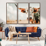 72766375-MGV-CV-36X24-Texas Longhorn Wall Art Canvas Print, Framed Spotted Cow Art Picture Print, Horned Cattle Perfect Rustic Western Decor Artwork