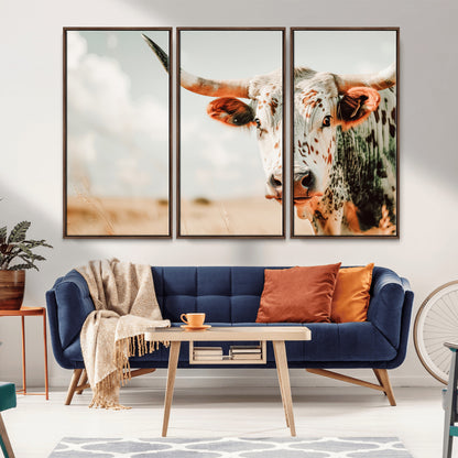 72766375-MGV-CV-36X24-Texas Longhorn Wall Art Canvas Print, Framed Spotted Cow Art Picture Print, Horned Cattle Perfect Rustic Western Decor Artwork