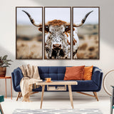 76294381-MGV-CV-36X24-Texas Longhorn Wall Art Canvas Print, Framed Spotted Cow Art Picture Print, Horned Cattle Perfect Rustic Western Decor Artwork